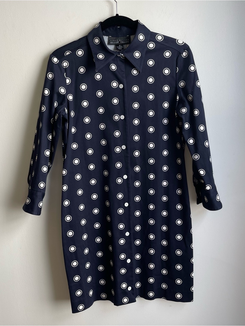 NWOT Vintage Linda Allard Ellen Tracy Shirt Dress Navy Polka Dot Preppy Size 6
